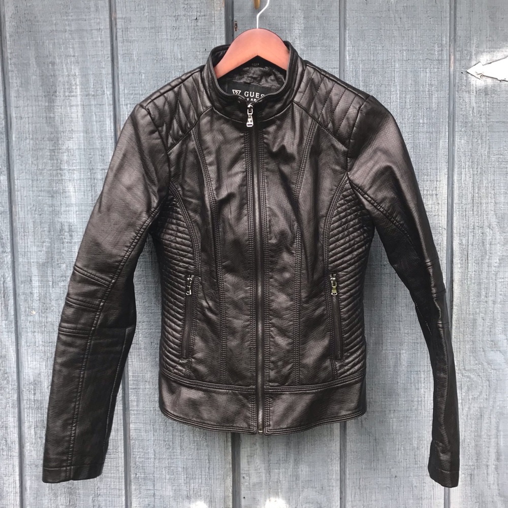 Guess Faux Leather Moto Zip Jacket Black Small